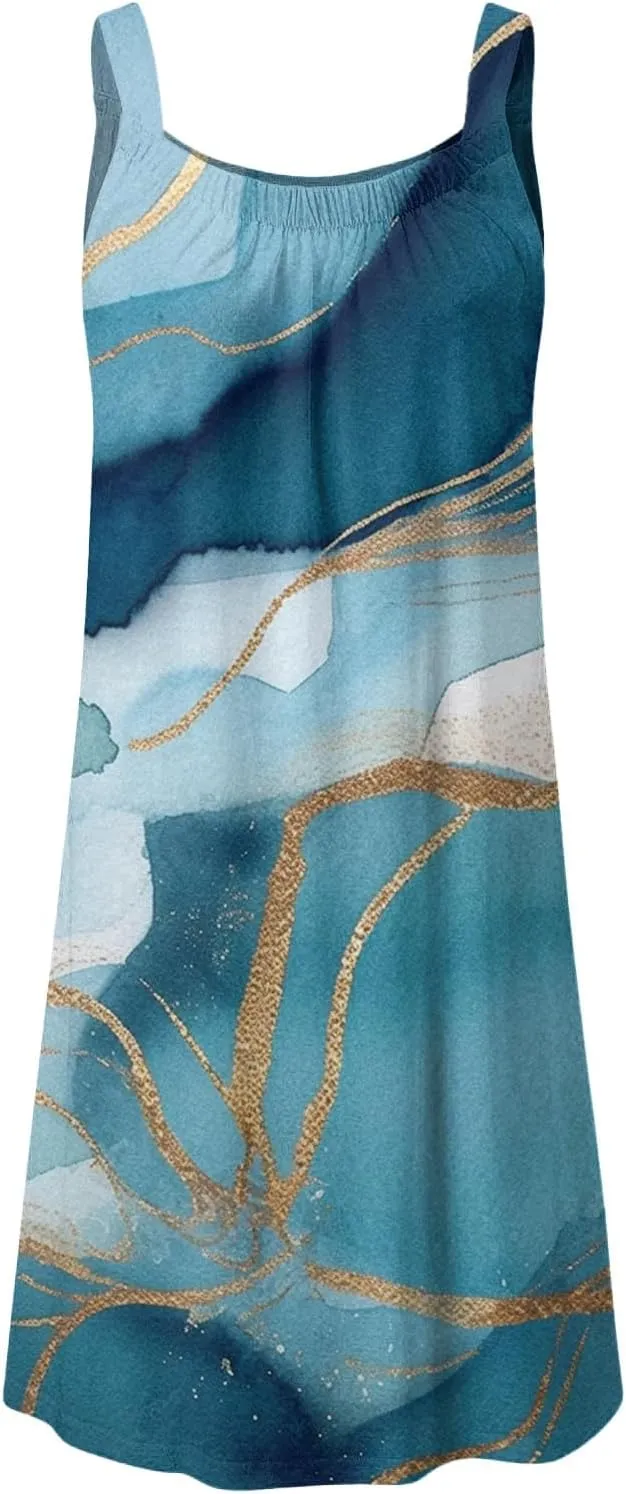 2024 Women's Sundress Summer Trendy Pleated Tank Dress Cute Sleeveless Crew Neck Mini Dresses Beach Vacation Sun Dress