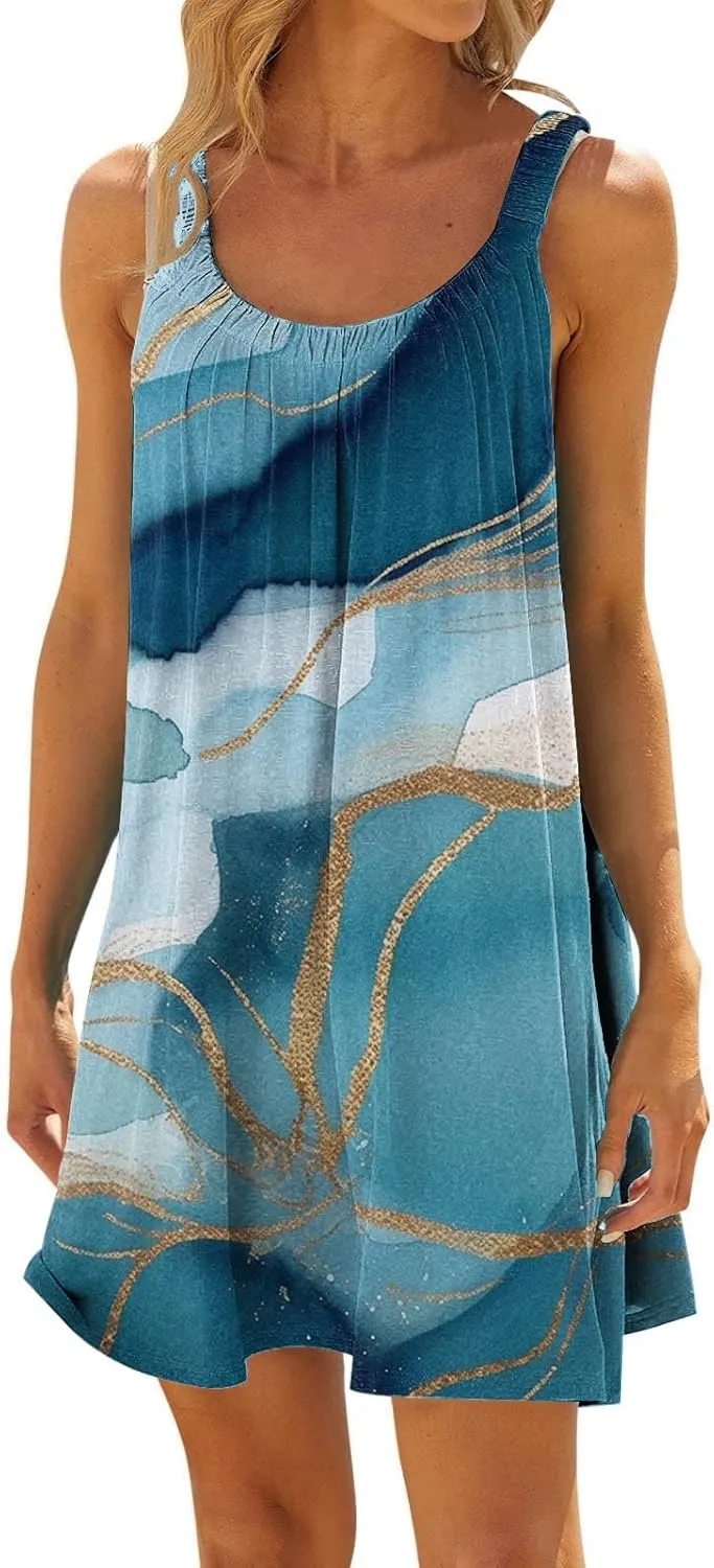 2024 Women's Sundress Summer Trendy Pleated Tank Dress Cute Sleeveless Crew Neck Mini Dresses Beach Vacation Sun Dress