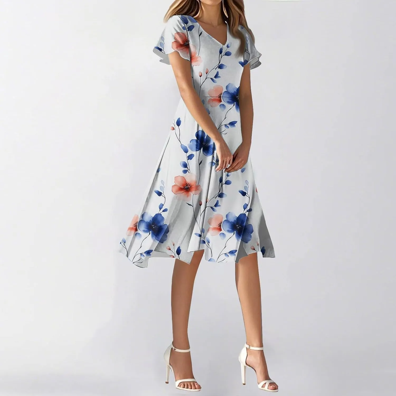 2025 Summer Dresses for Womencasualflowyelegant Wedding Dress Ruffle Short Sleeve Floral Dresses Midi Chiffon Dress