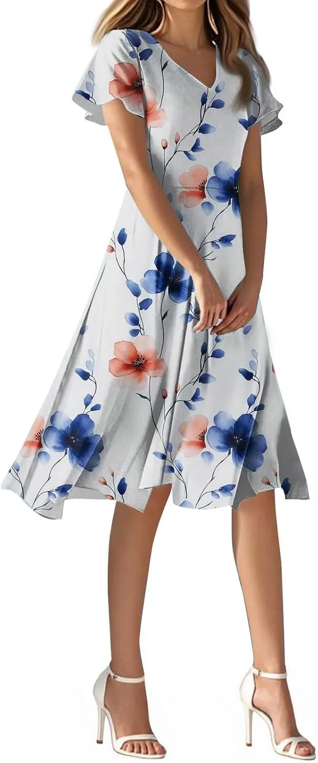 2025 Summer Dresses for Womencasualflowyelegant Wedding Dress Ruffle Short Sleeve Floral Dresses Midi Chiffon Dress