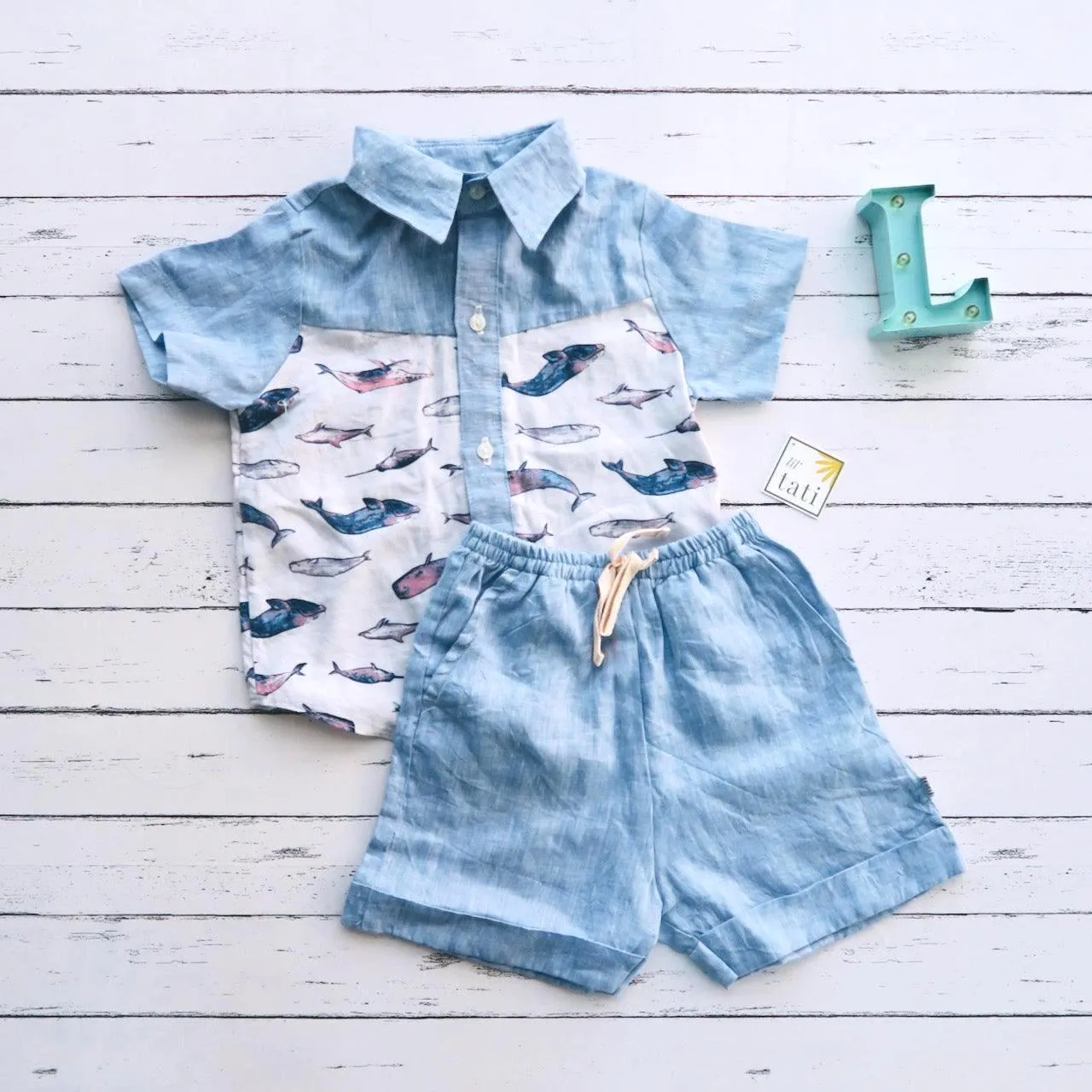 Birch Top & Shorts in Indigo Whale and Blue Linen