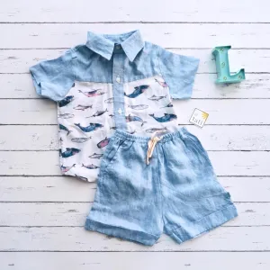 Birch Top & Shorts in Indigo Whale and Blue Linen