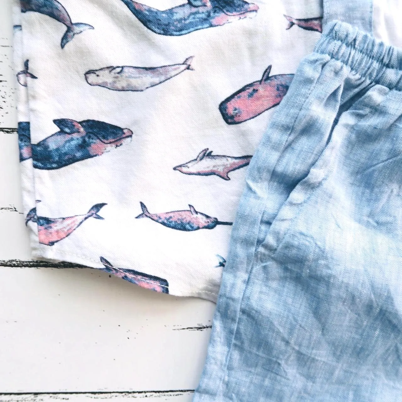 Birch Top & Shorts in Indigo Whale and Blue Linen