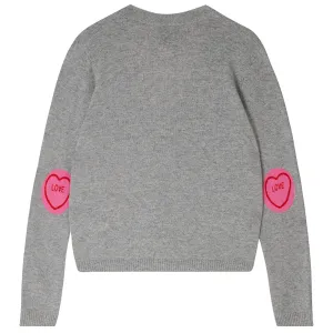 Cashmere Love Hearts Patch Cardigan in Grey and Pink