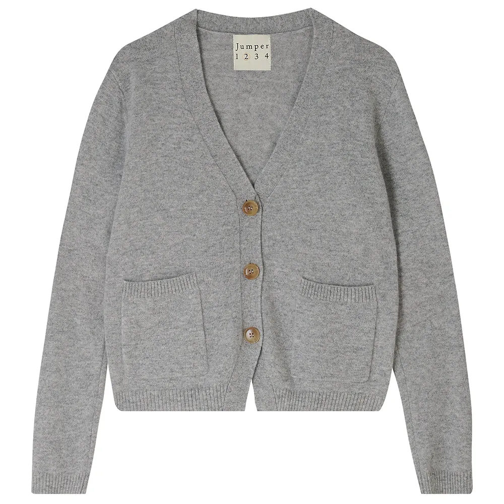 Cashmere Love Hearts Patch Cardigan in Grey and Pink
