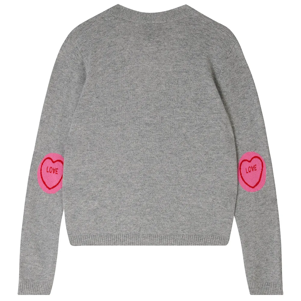 Cashmere Love Hearts Patch Cardigan in Grey and Pink