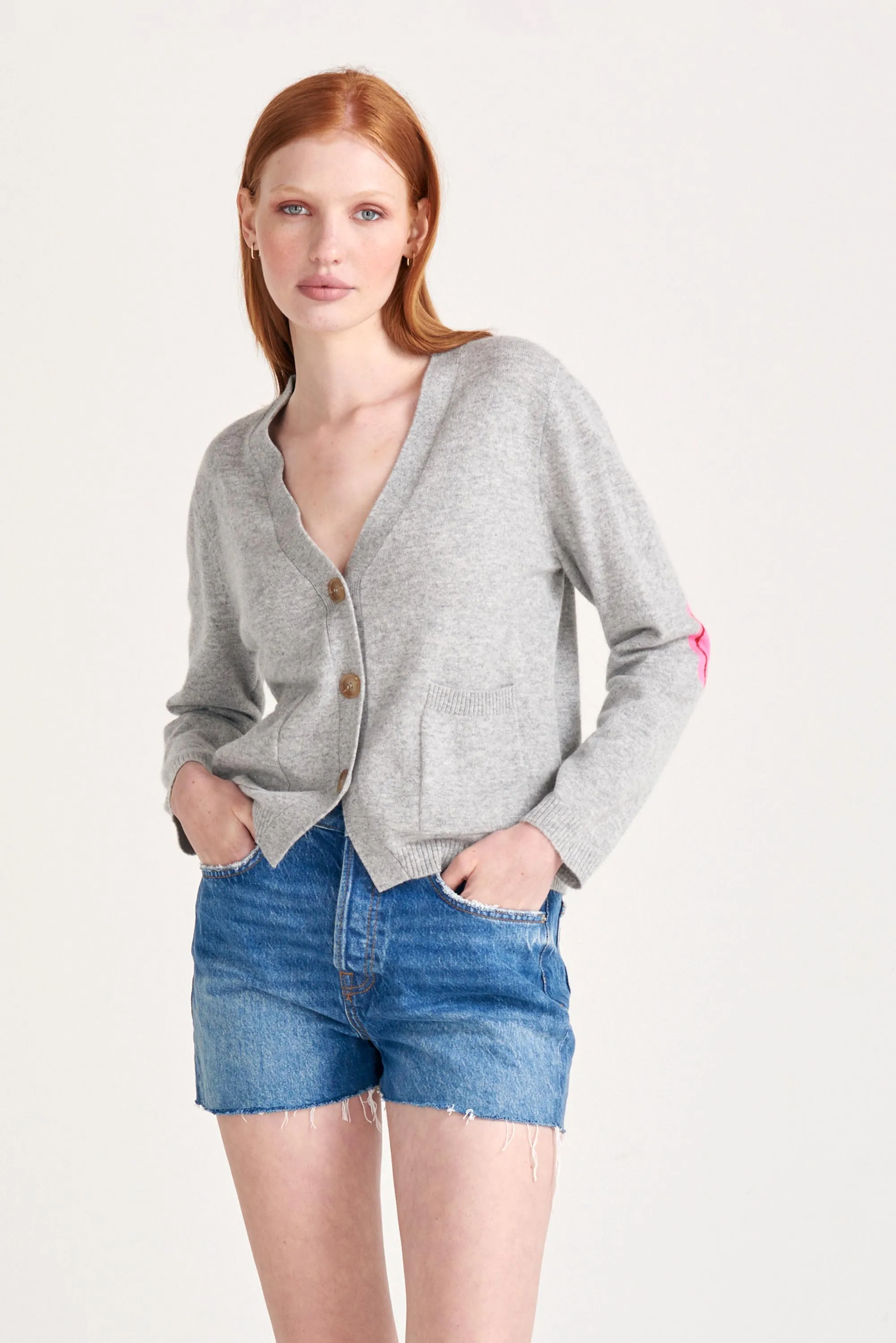 Cashmere Love Hearts Patch Cardigan in Grey and Pink