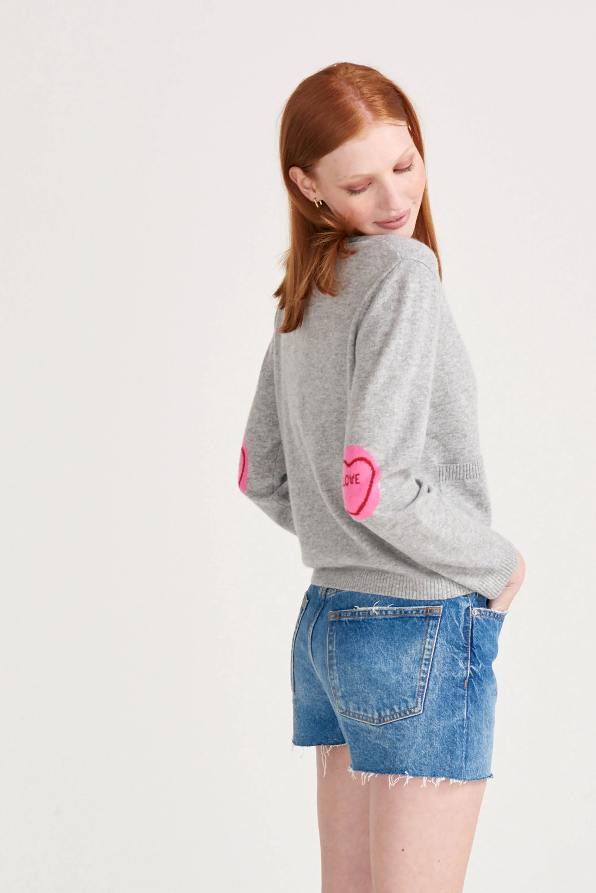 Cashmere Love Hearts Patch Cardigan in Grey and Pink