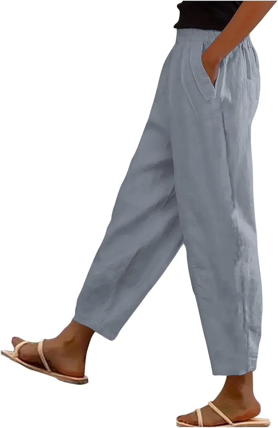Cropped Linen Pants Women's Summer Elastic Waist Straight Leg Plus Size Crop Pants Casual Beach Trousers with Pockets