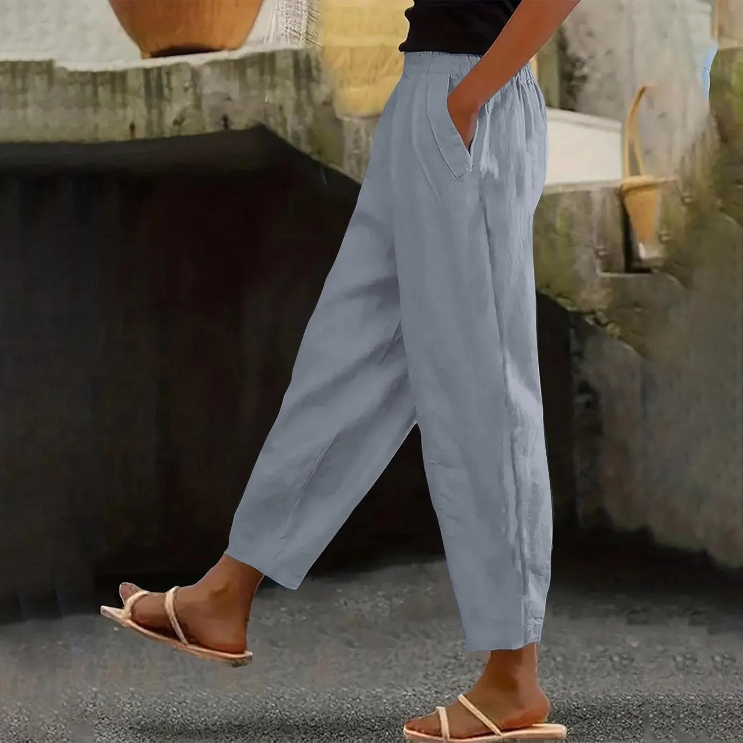 Cropped Linen Pants Women's Summer Elastic Waist Straight Leg Plus Size Crop Pants Casual Beach Trousers with Pockets