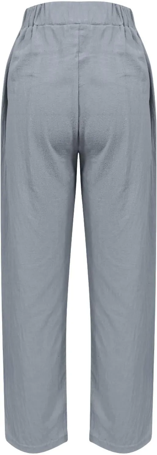 Cropped Linen Pants Women's Summer Elastic Waist Straight Leg Plus Size Crop Pants Casual Beach Trousers with Pockets