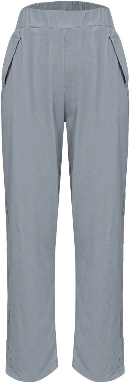 Cropped Linen Pants Women's Summer Elastic Waist Straight Leg Plus Size Crop Pants Casual Beach Trousers with Pockets