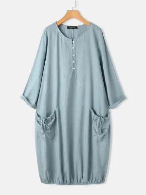 deanwangkt Women Solid Color Half Button Long Sleeve Dress With Drawstring Pocket