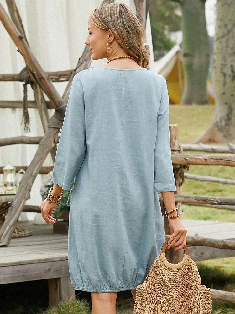 deanwangkt Women Solid Color Half Button Long Sleeve Dress With Drawstring Pocket