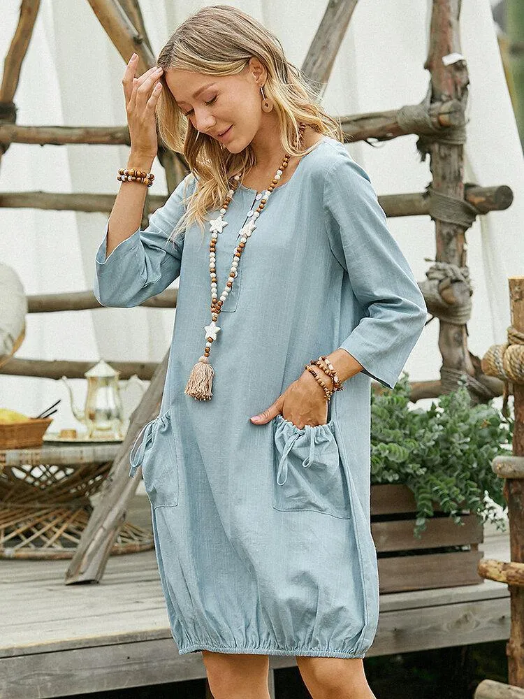 deanwangkt Women Solid Color Half Button Long Sleeve Dress With Drawstring Pocket