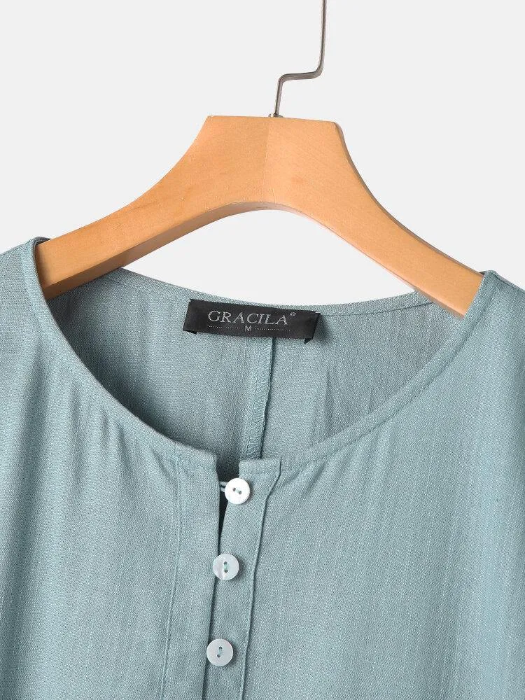 deanwangkt Women Solid Color Half Button Long Sleeve Dress With Drawstring Pocket