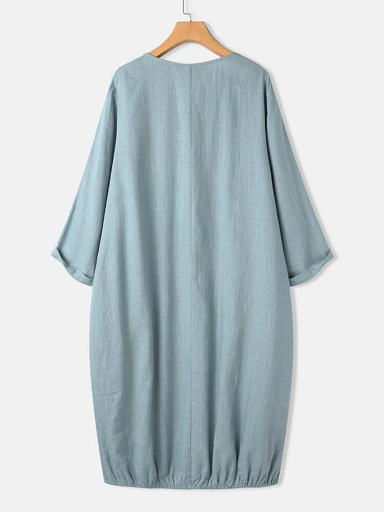 deanwangkt Women Solid Color Half Button Long Sleeve Dress With Drawstring Pocket