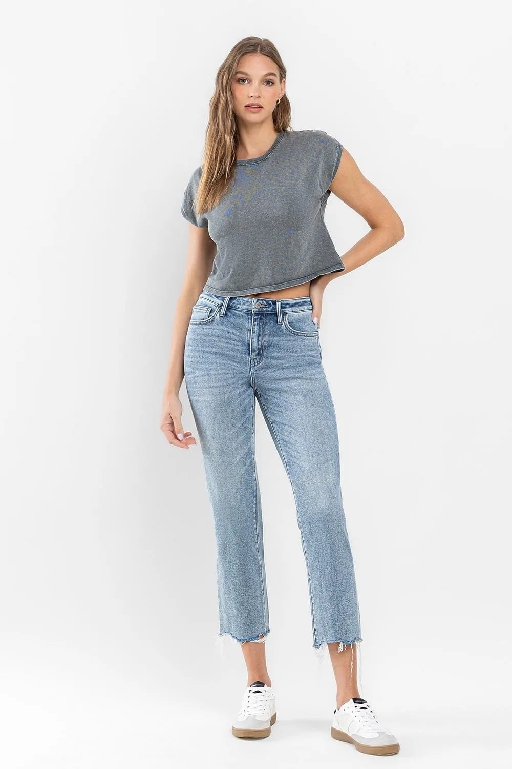 Flying Monkey Ergonomical - High Rise Cropped Distressed Hem Straight Jeans