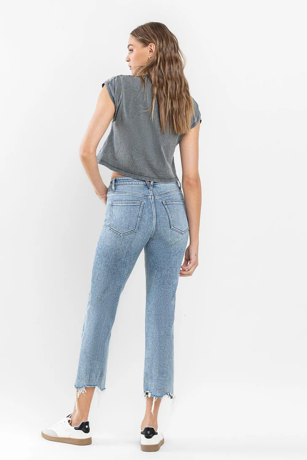 Flying Monkey Ergonomical - High Rise Cropped Distressed Hem Straight Jeans