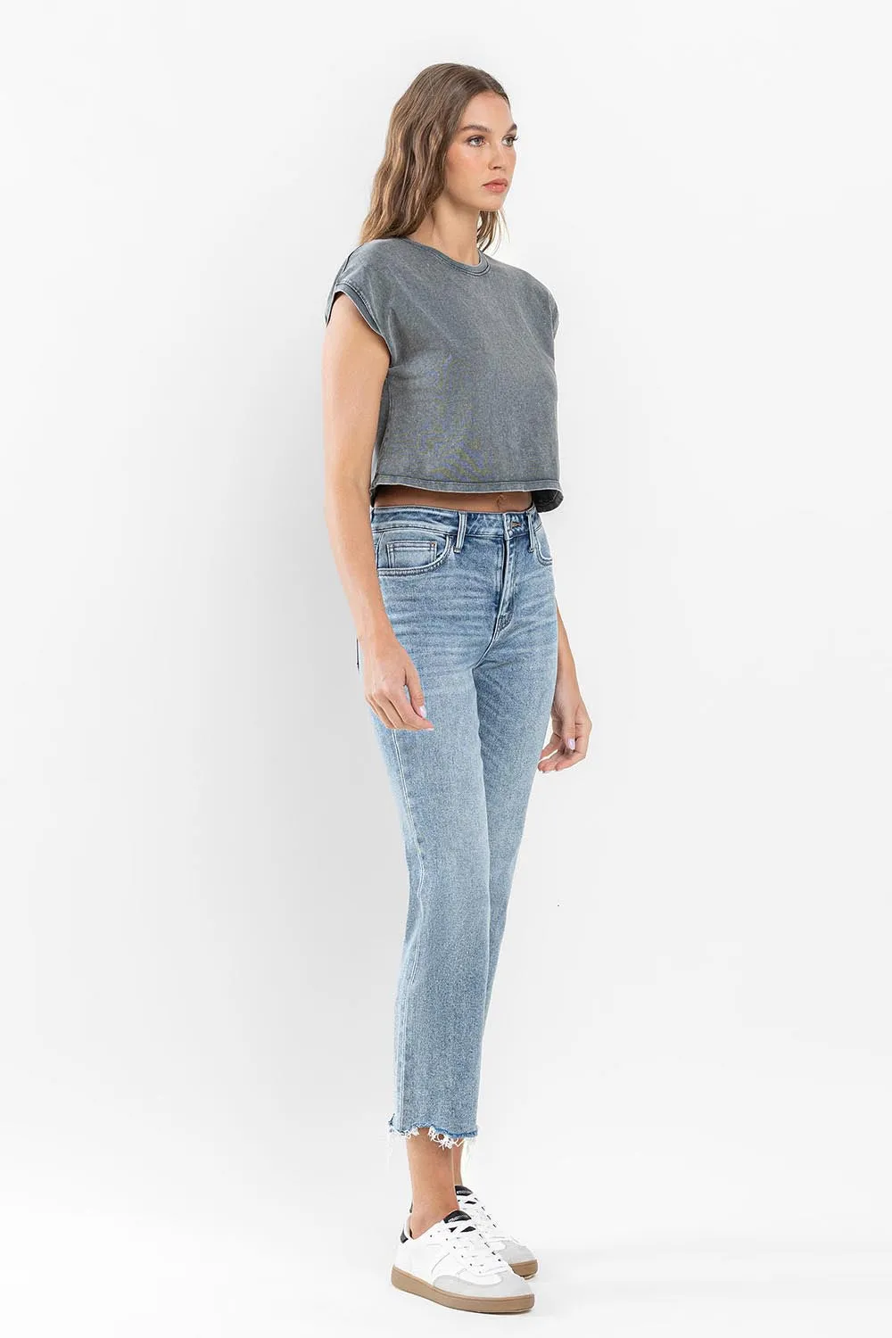 Flying Monkey Ergonomical - High Rise Cropped Distressed Hem Straight Jeans