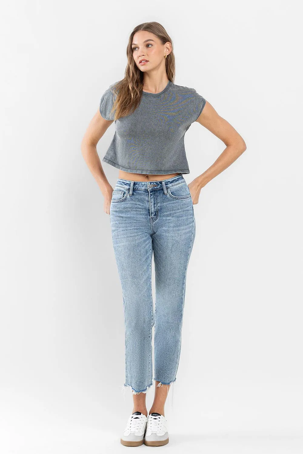 Flying Monkey Ergonomical - High Rise Cropped Distressed Hem Straight Jeans