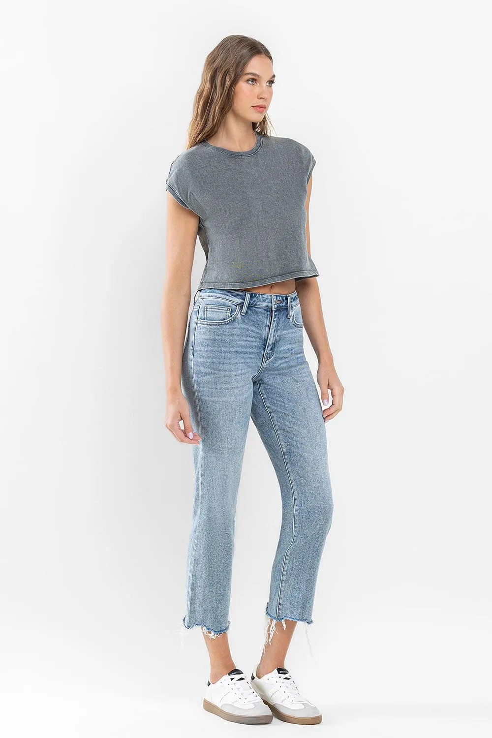 Flying Monkey Ergonomical - High Rise Cropped Distressed Hem Straight Jeans
