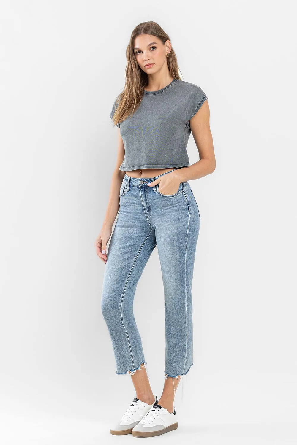 Flying Monkey Ergonomical - High Rise Cropped Distressed Hem Straight Jeans