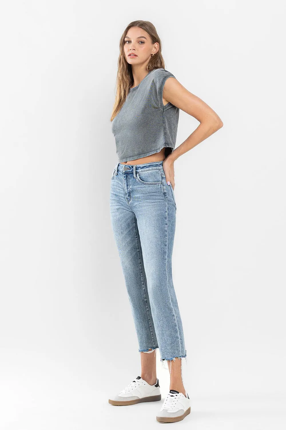 Flying Monkey Ergonomical - High Rise Cropped Distressed Hem Straight Jeans