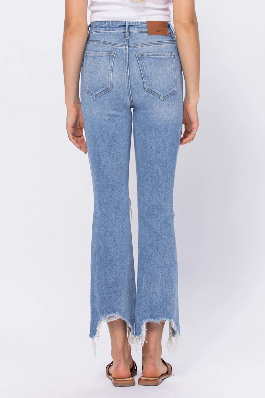 Hidden Happi High Rise Medium Wash Knee Distressed Frayed Cropped Flare