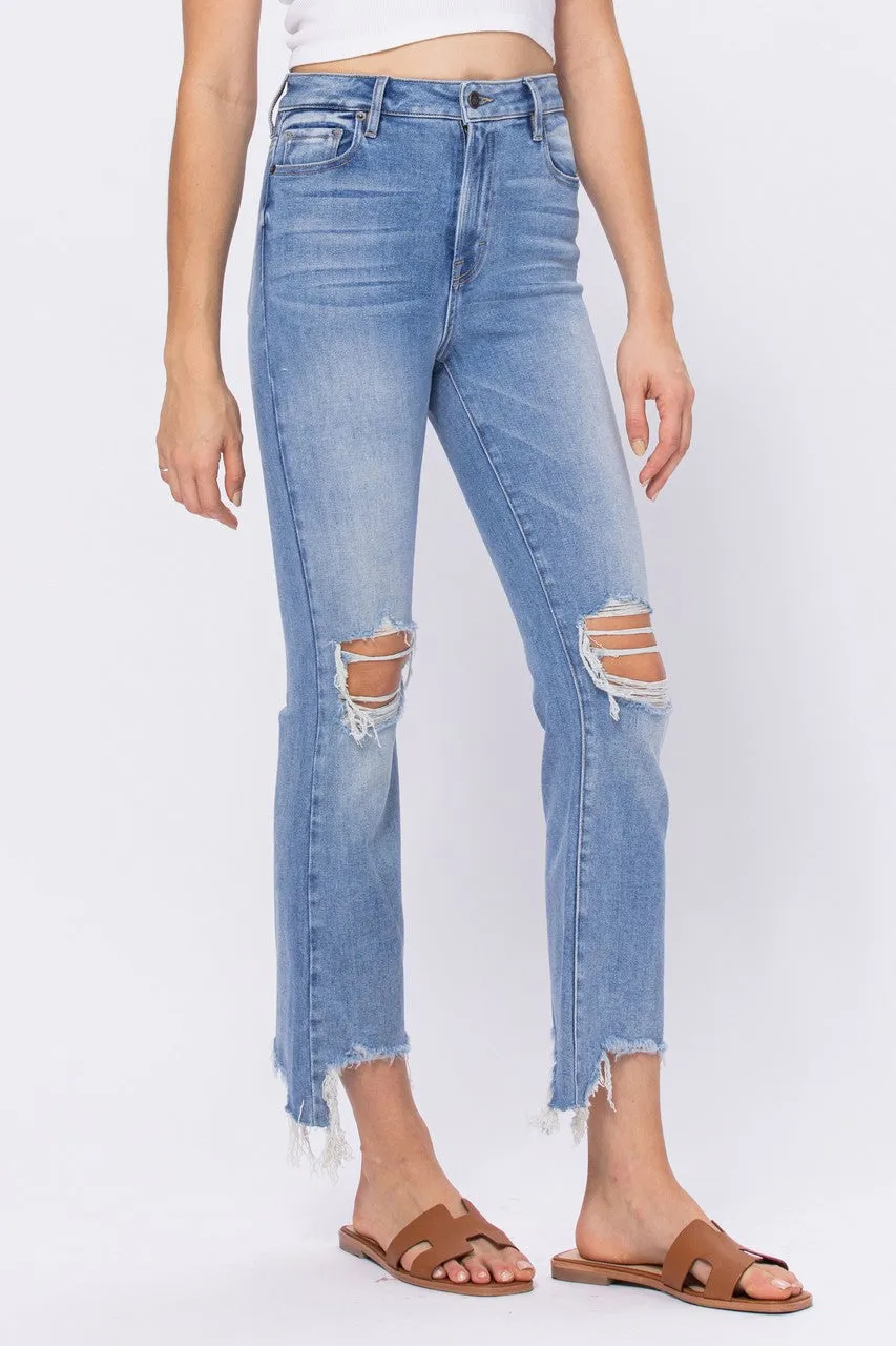 Hidden Happi High Rise Medium Wash Knee Distressed Frayed Cropped Flare