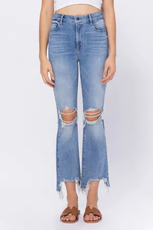 Hidden Happi High Rise Medium Wash Knee Distressed Frayed Cropped Flare