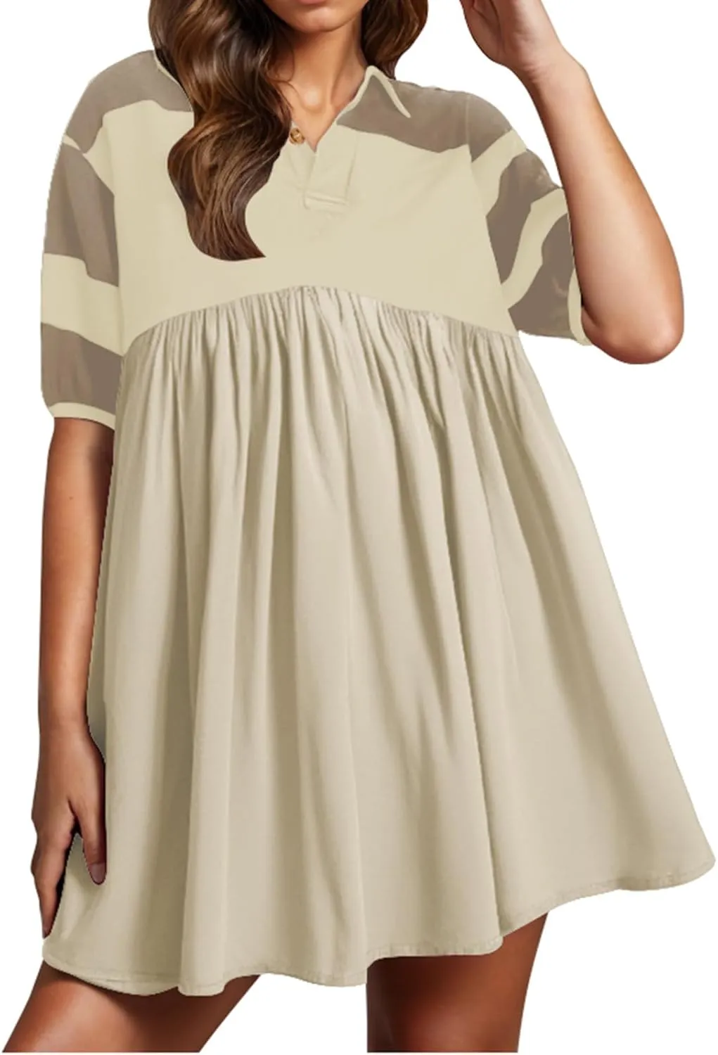 hlysgo Babydoll Dress for Women 2025 Summer Cute Short Sleeve V Neck Mini Dresses Casual Loose Fit A-Line Swing Shirt Dress