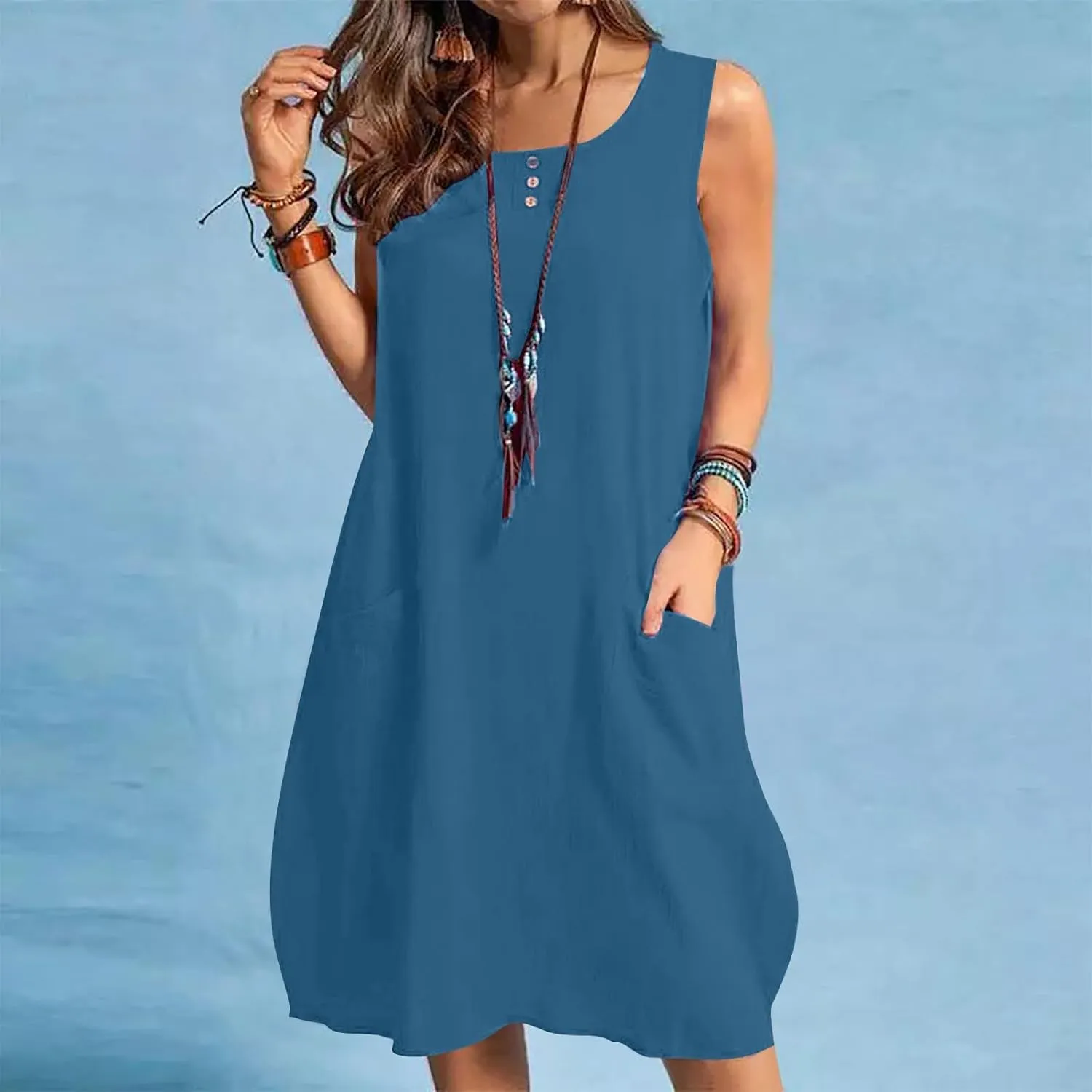hlysgo Mini Dresses for Women 2025 Casual Comfy Cotton Linen Cover Up Dress Summer Sleeveless Beach Sundress with Pockets