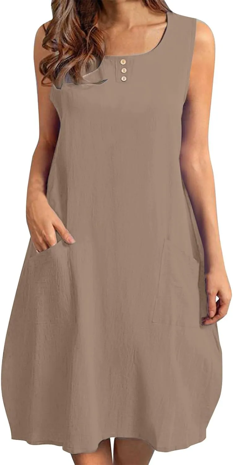 hlysgo Mini Dresses for Women 2025 Casual Comfy Cotton Linen Cover Up Dress Summer Sleeveless Beach Sundress with Pockets