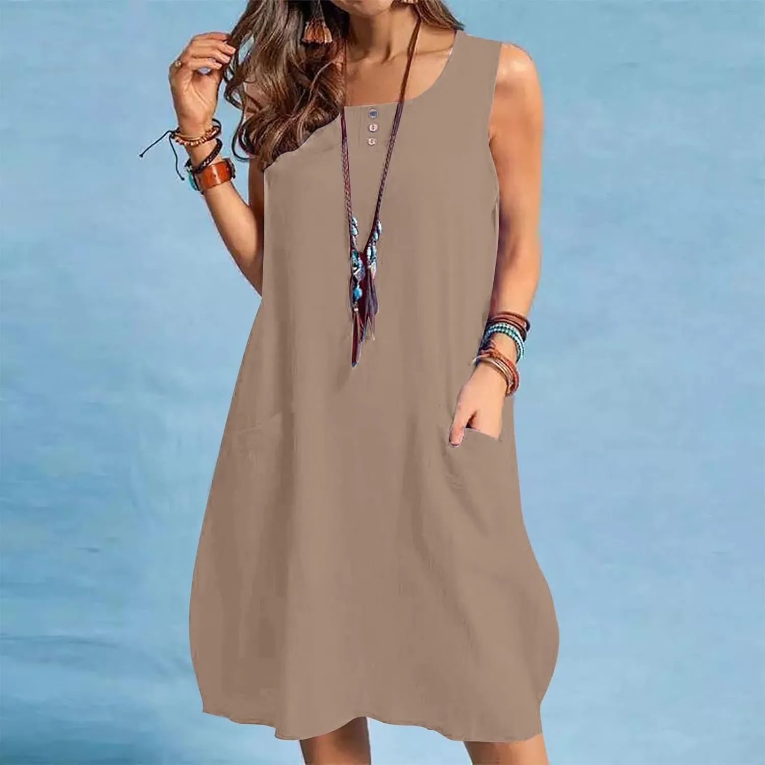 hlysgo Mini Dresses for Women 2025 Casual Comfy Cotton Linen Cover Up Dress Summer Sleeveless Beach Sundress with Pockets