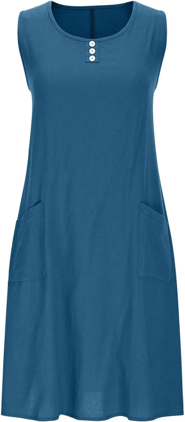 hlysgo Mini Dresses for Women 2025 Casual Comfy Cotton Linen Cover Up Dress Summer Sleeveless Beach Sundress with Pockets
