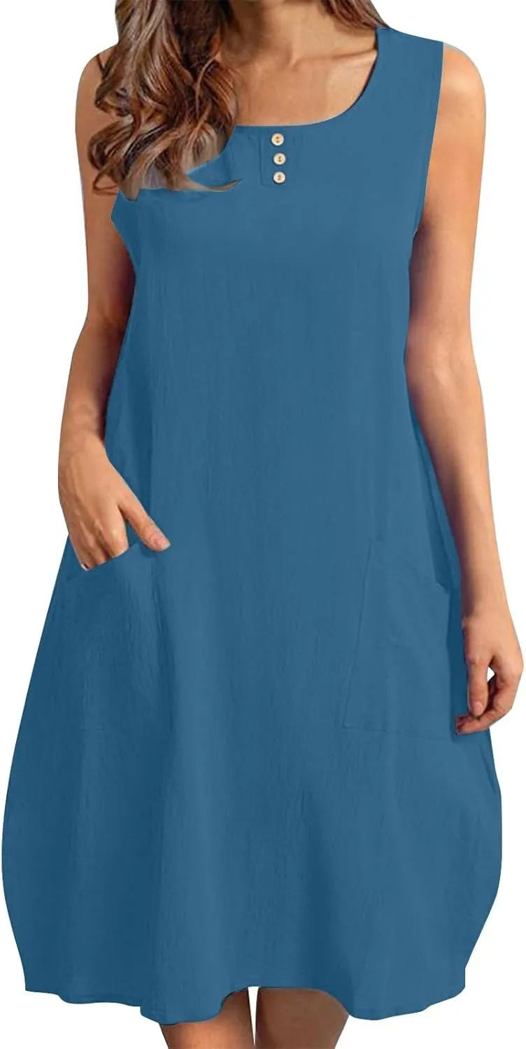 hlysgo Mini Dresses for Women 2025 Casual Comfy Cotton Linen Cover Up Dress Summer Sleeveless Beach Sundress with Pockets