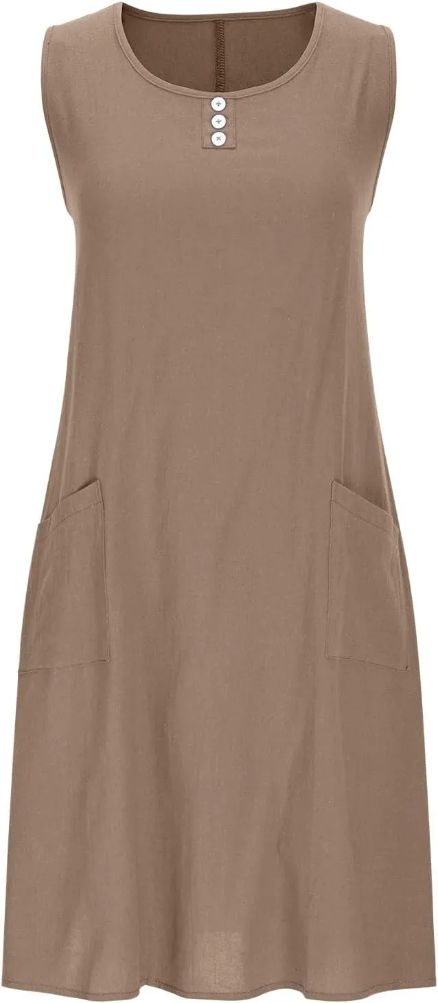 hlysgo Mini Dresses for Women 2025 Casual Comfy Cotton Linen Cover Up Dress Summer Sleeveless Beach Sundress with Pockets