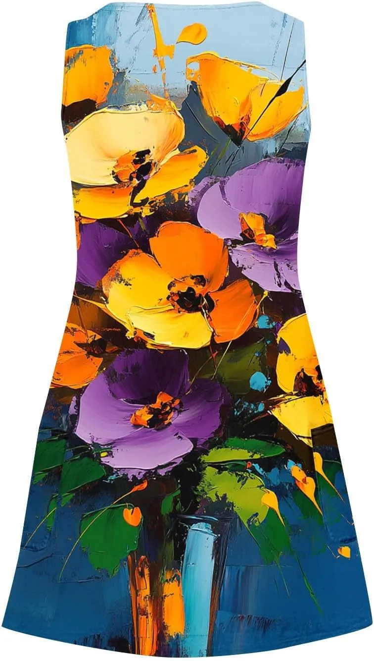 hlysgo Vacation Dresses for Women 2025 Summer Sleeveless V Neck Mini Dress A-Line Flowy Beach Coverup Sundress with Pockets