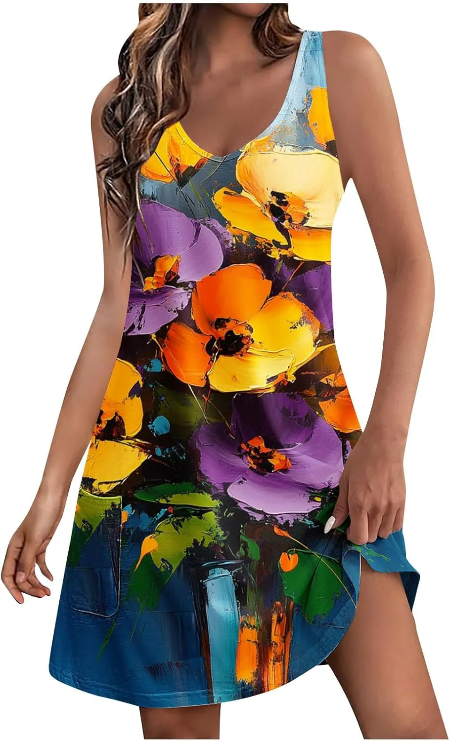 hlysgo Vacation Dresses for Women 2025 Summer Sleeveless V Neck Mini Dress A-Line Flowy Beach Coverup Sundress with Pockets