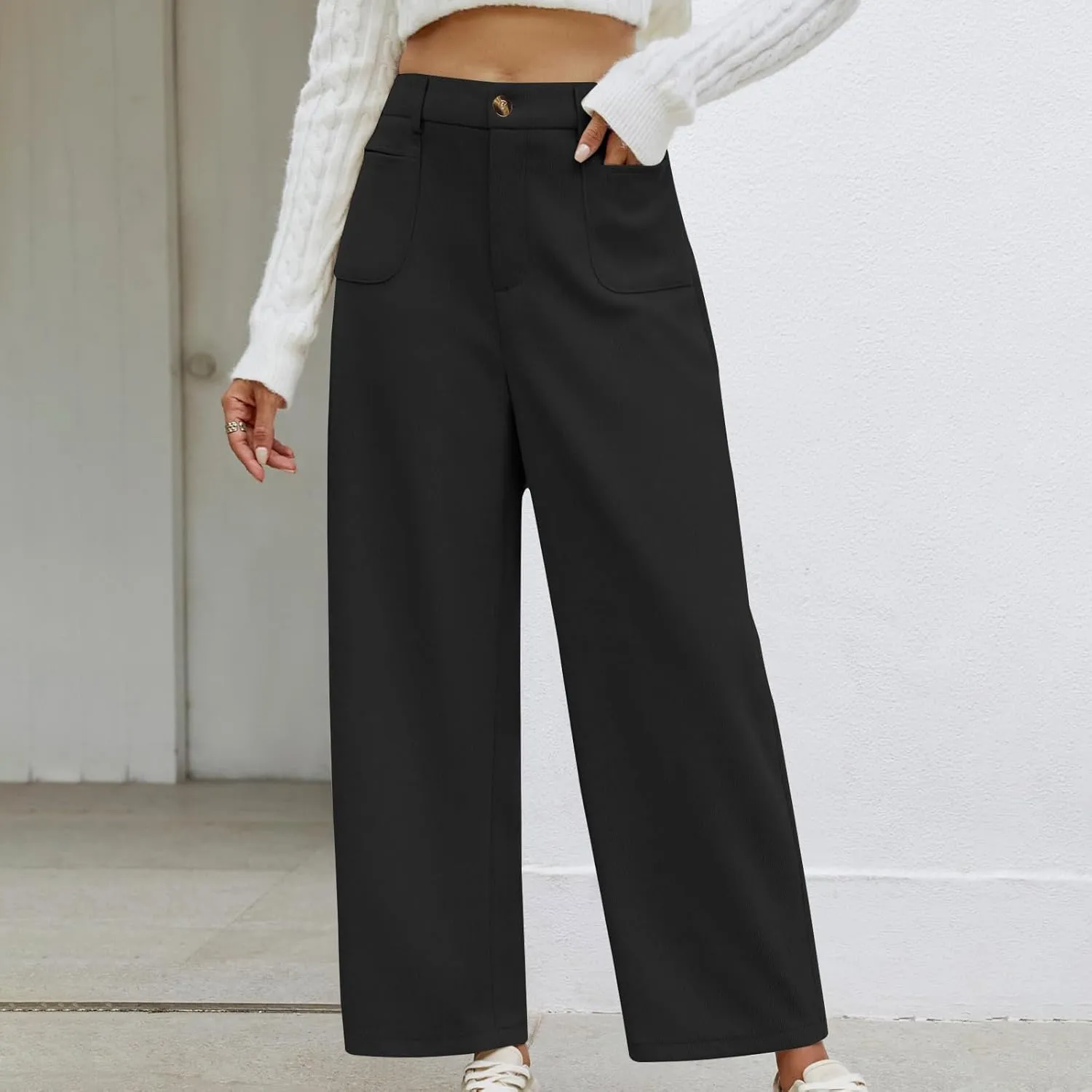 Lastesso Pants for Women Soft Corduroy High Waisted Pants with Pockets Casual Business Lounge Long Trousers Solid Slacks