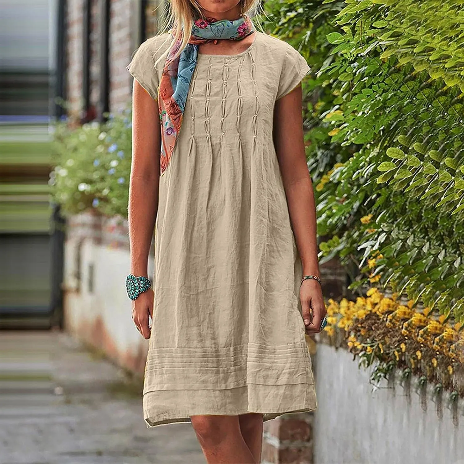 Linen Dresses for Women 2025 Pleated Summer Midi Dresses Cap Sleeve Flowy Dress Beach Vacation Casual Mini Dress