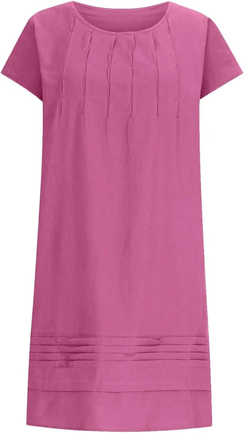 Linen Dresses for Women 2025 Pleated Summer Midi Dresses Cap Sleeve Flowy Dress Beach Vacation Casual Mini Dress