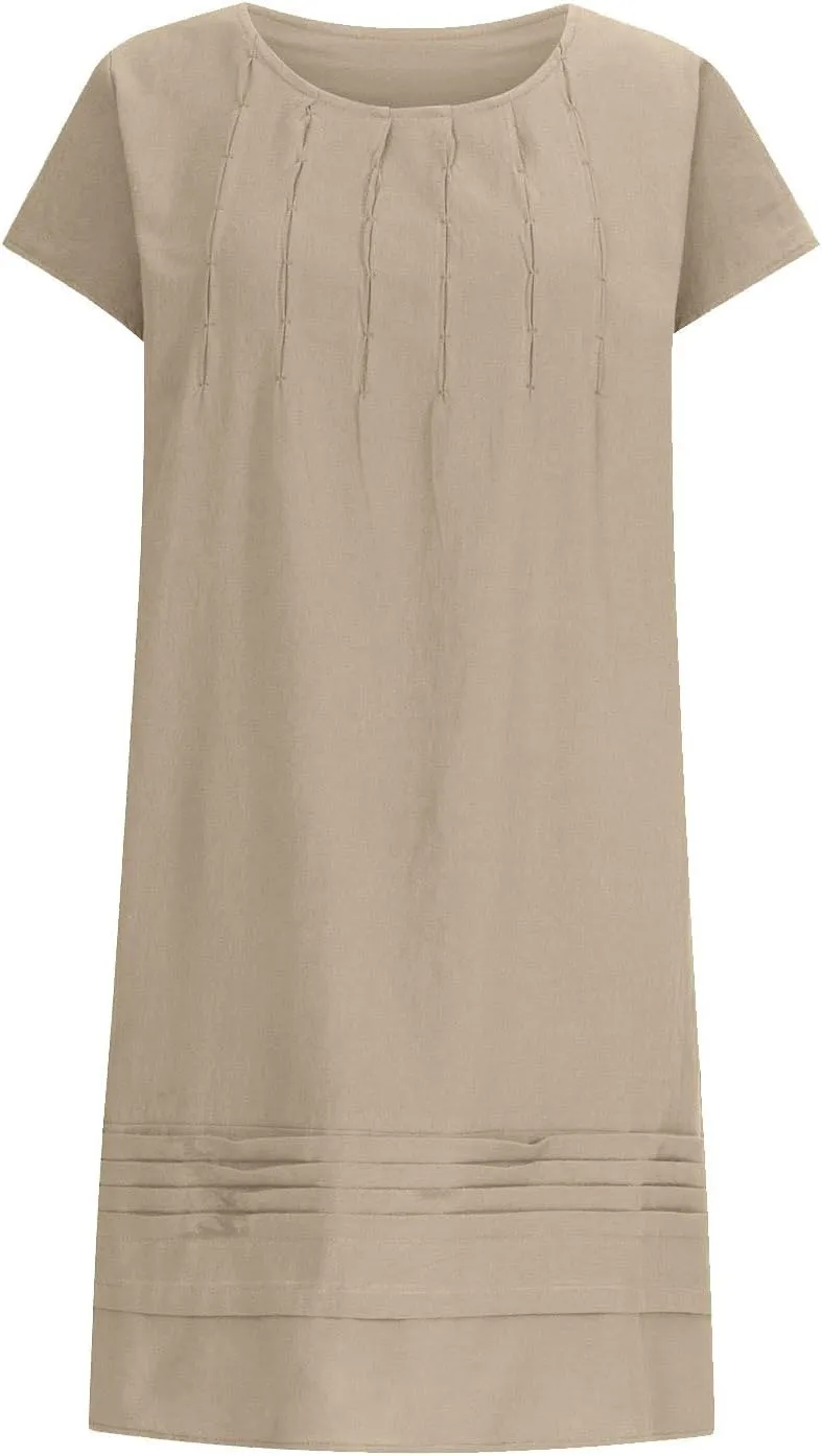 Linen Dresses for Women 2025 Pleated Summer Midi Dresses Cap Sleeve Flowy Dress Beach Vacation Casual Mini Dress