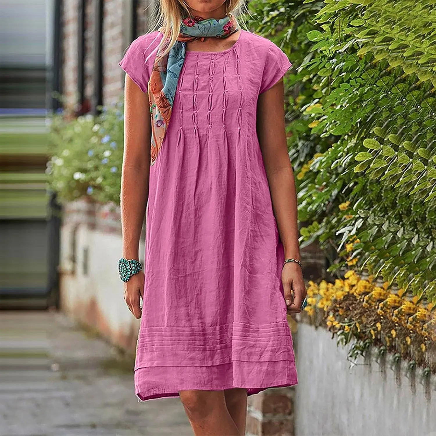 Linen Dresses for Women 2025 Pleated Summer Midi Dresses Cap Sleeve Flowy Dress Beach Vacation Casual Mini Dress