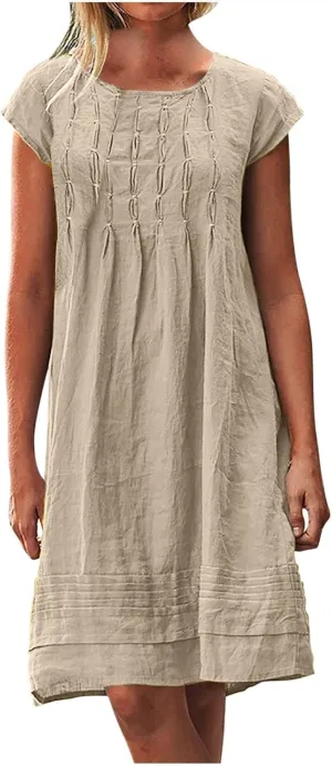 Linen Dresses for Women 2025 Pleated Summer Midi Dresses Cap Sleeve Flowy Dress Beach Vacation Casual Mini Dress