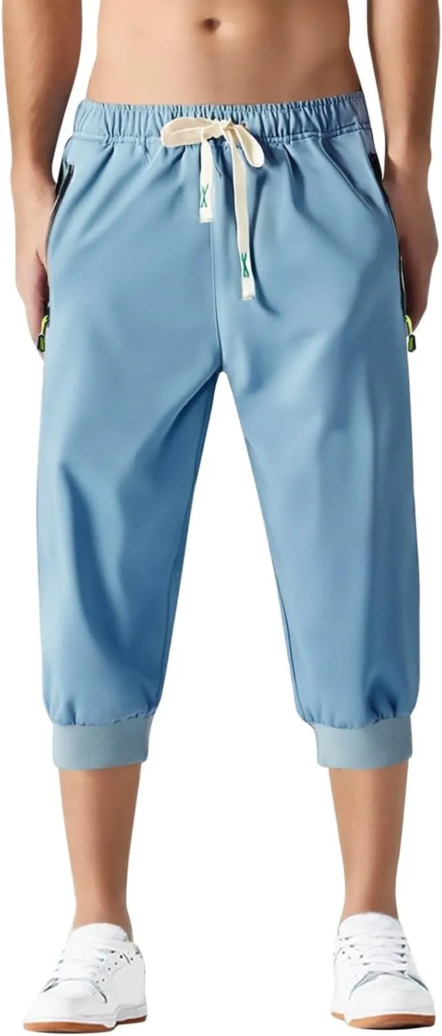 Mens Causal Shorts Slim Fit Elastic Waist Stretch Summer Athletic Shorts Lightweight Drawstring Athletic Hiking Capri Pants