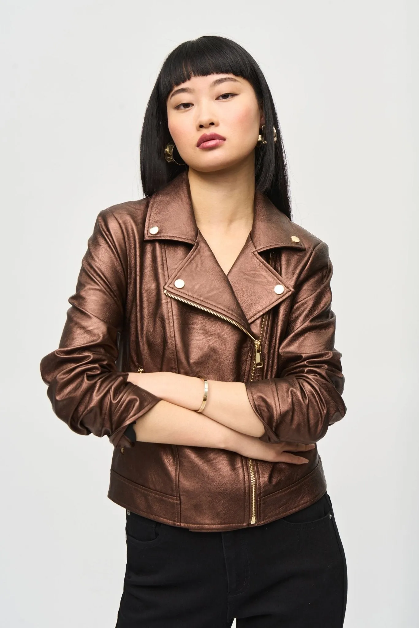 Metallic Faux Leather Biker Jacket Style 234902Bronze