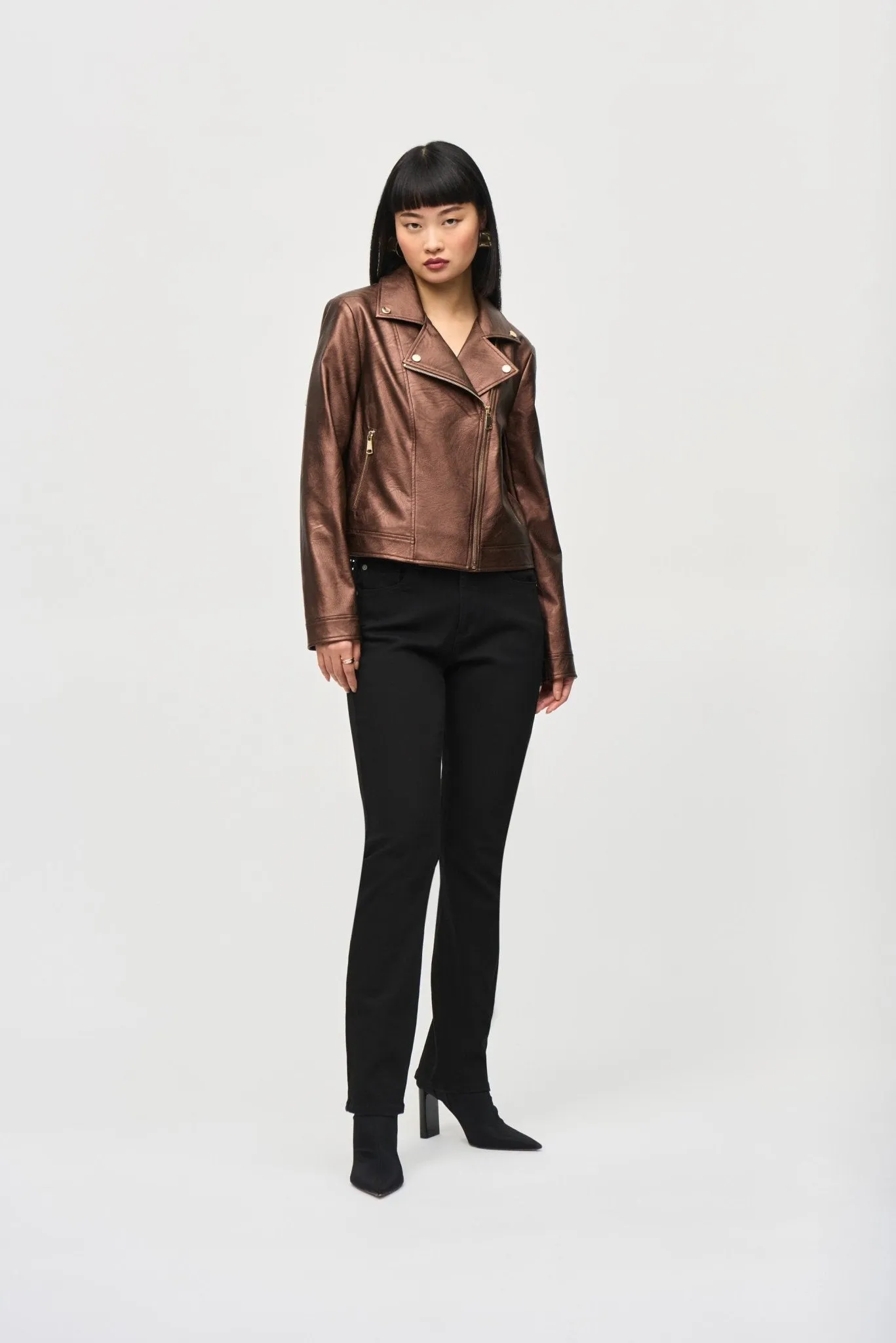 Metallic Faux Leather Biker Jacket Style 234902Bronze