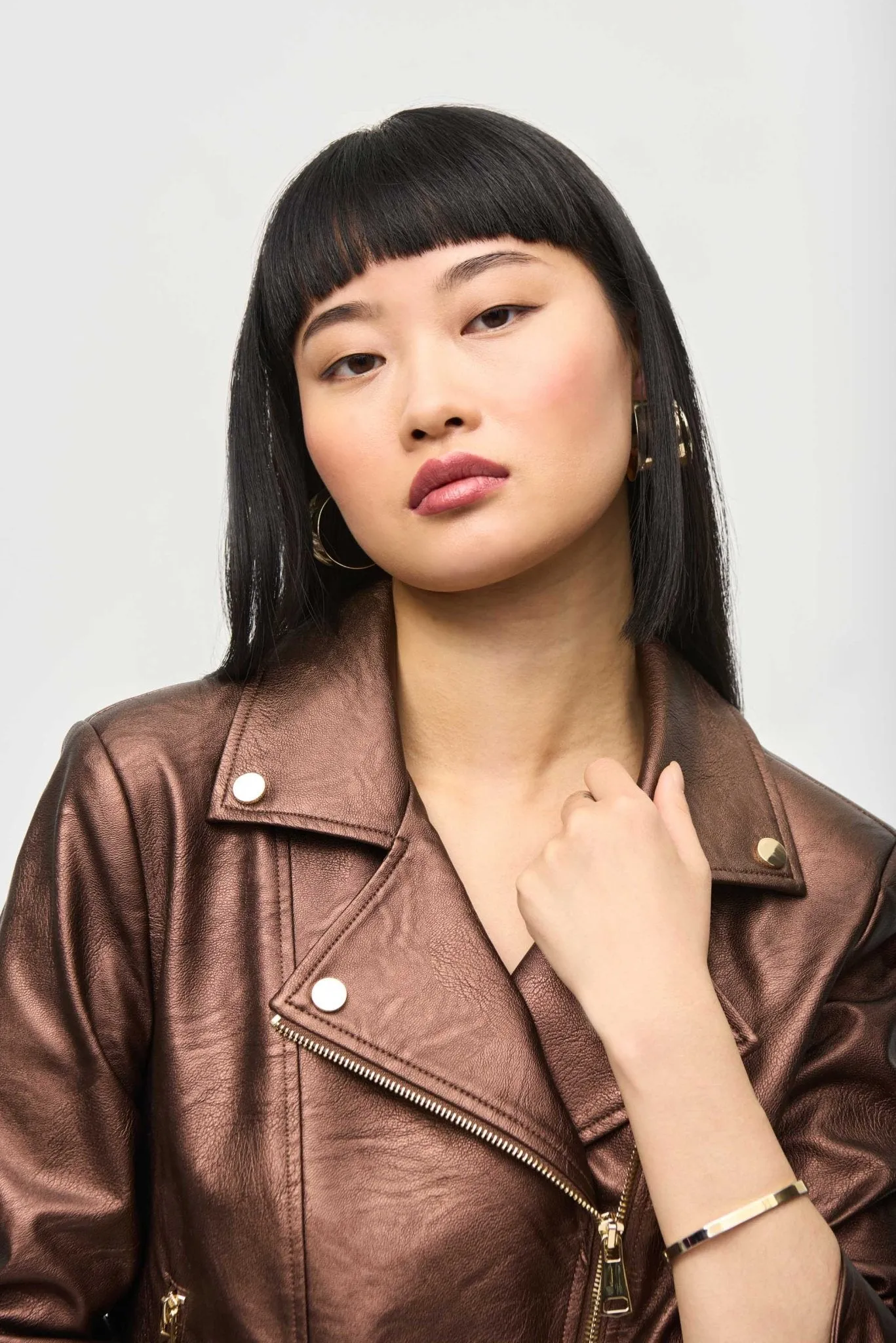 Metallic Faux Leather Biker Jacket Style 234902Bronze